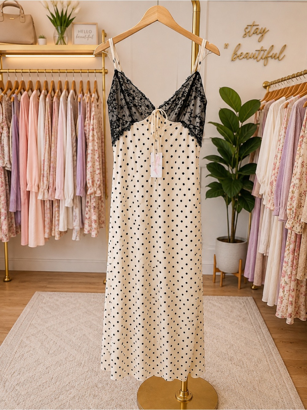 Jessica Simpson Cream Polka Dot Slip with Black Lace Bodice